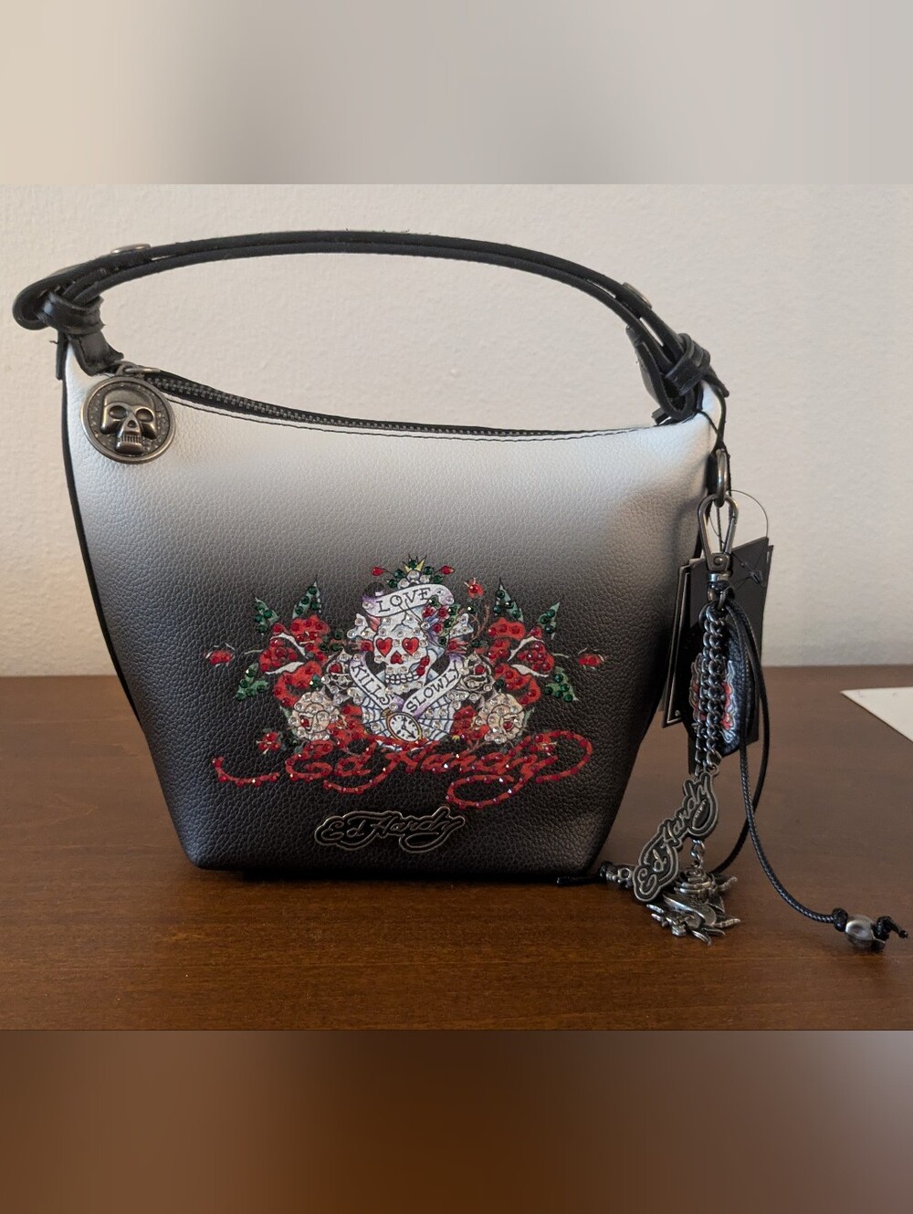 Ed Hardy Love Kills Slowly Ombré Rhinestone Skull Purse NWT
